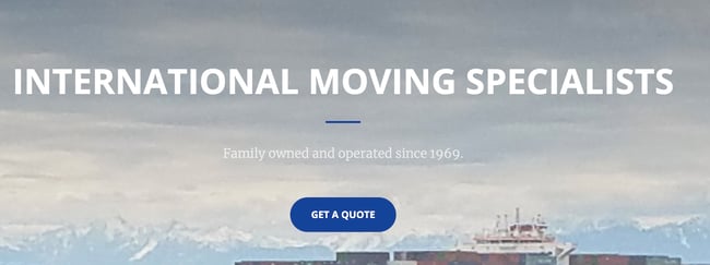 International moving specialists website featuring a button to get a quote on an international move